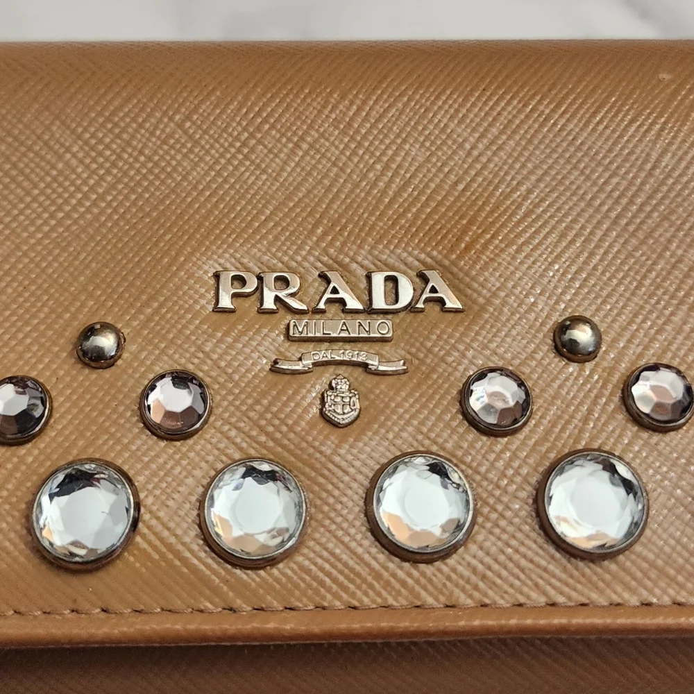 Authentic PRADA Saffiano Patent Leather Vernice Crystal Studded Flap Long Wallet - Picture 2 of 11